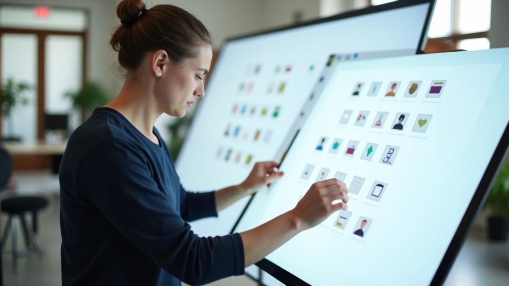 Designer organiseert SVG iconen op digitaal bord in schone werkruimte met heldere verlichting