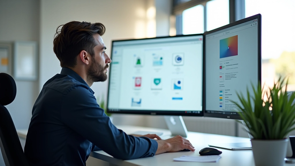 Designer werkend aan vector iconen op groot monitor scherm in moderne studio