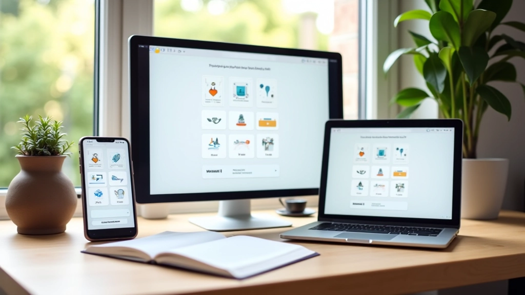 Meerdere schermen tonen iconen systemen in responsive design op mobile, tablet en desktop