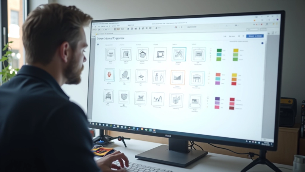Icoon bibliotheek organisatie systeem met categorieÃ«n en naamconventies zichtbaar in grid layout