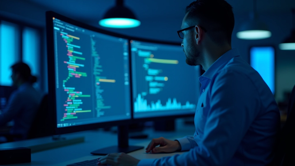 Performance metrics dashboard op modern monitor met code zichtbaar in tech office met blauwe verlichting